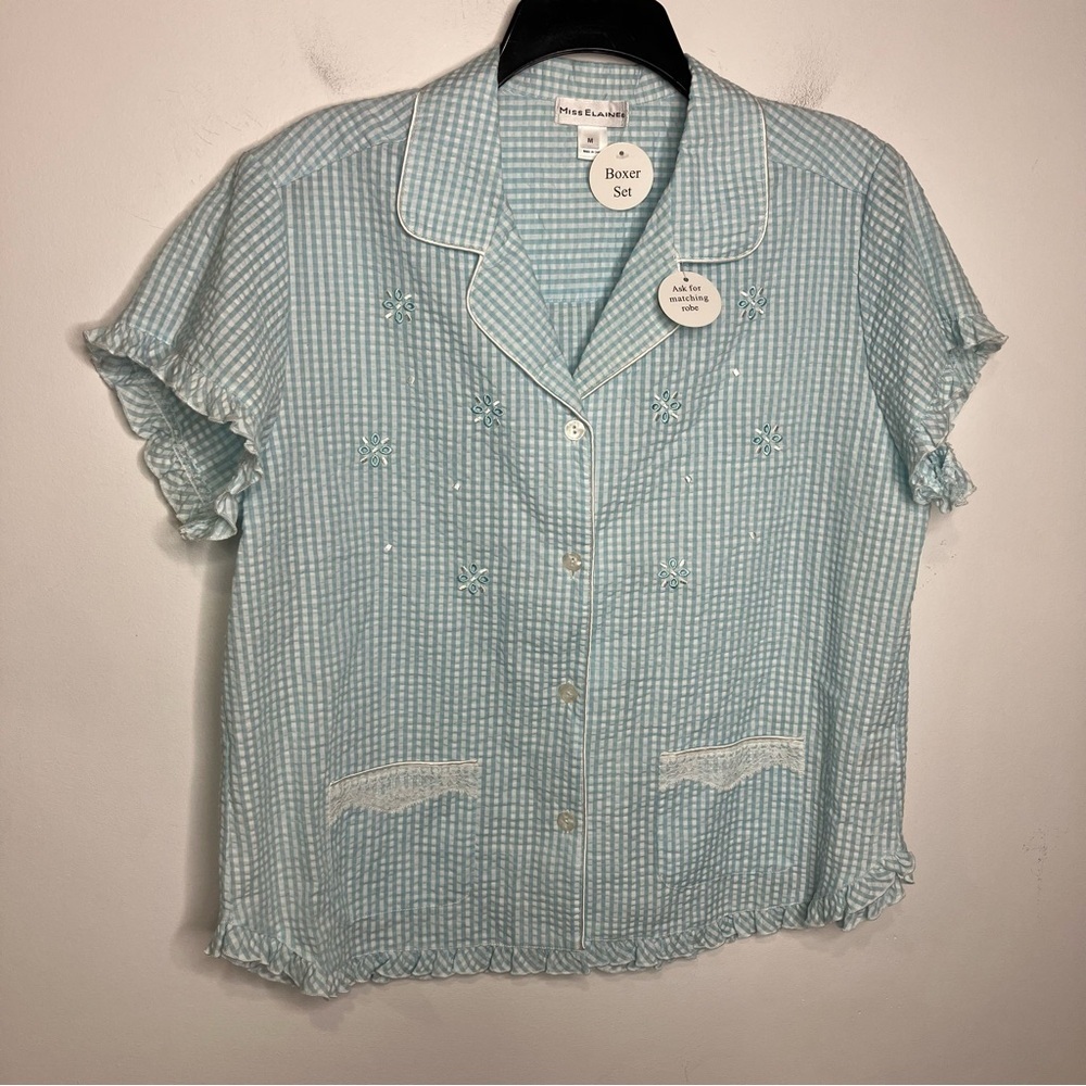 Miss Elaine gingham boxer pajama set blue & white women size medium new with tag